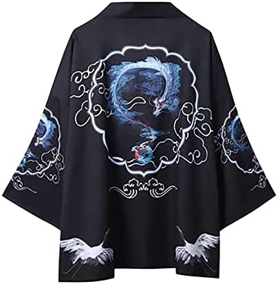 Xxbr cardigan japonez de kimono pentru bărbați deschise frontale drapate șapte mânecă ukiyoe dragon imprimeu ușor plajă casual haina casual