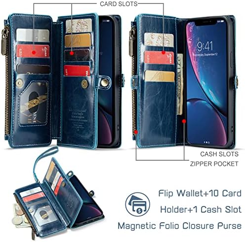 Defencase pentru iPhone Xr portofel caz, iPhone Xr caz portofel pentru femei bărbați, iPhone Xr caz cu titularul cardului, PU piele Flip magnetice curea fermoar portofel pungă telefon caz pentru iPhone XR, lux albastru