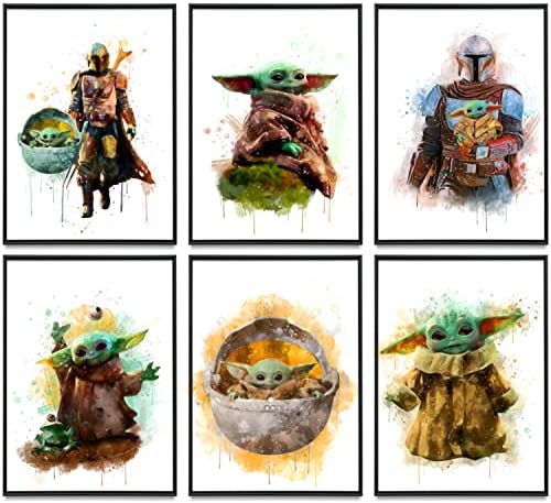 Star Wars the Child Baby Yoda Art -imprimeuri, set de 6, decor de artă de arte de perete de pepinieră, fotografii mandaloriene pentru bebeluși, sala de joacă pentru copii, poster de perete pentru birou