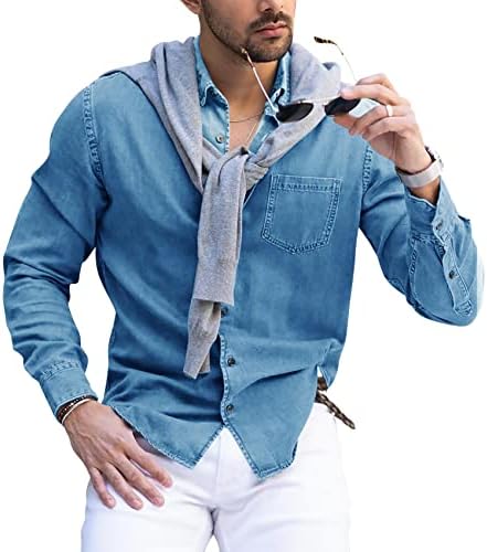 Cămașă din denim pentru bărbați runcati buton cu mânecă lungă casual în jos, în mod regulat, jean, cămașă durabilă cu buzunar cu piept