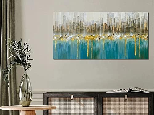 Ardemy Teal TEAL Abstract Cityscape Canvas Artă de perete Modern Skyline Picting Gold Blue Grey Texturat mare dimensiune mare