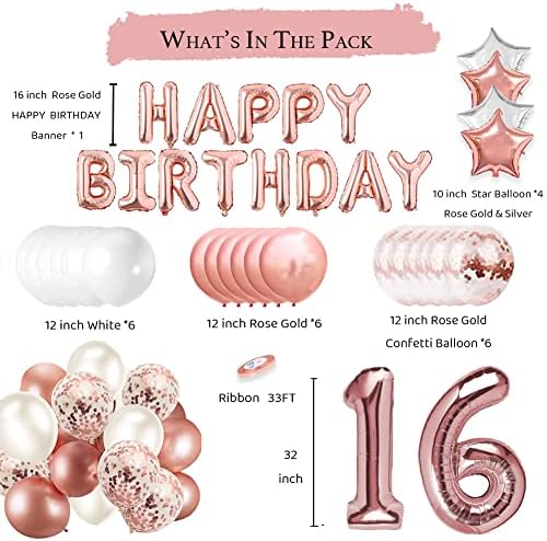 16 decorațiuni de ziua de naștere pentru fete decorațiuni de petrecere din aur roz roz pentru femei para, banner la mulți ani, confetti din aur de trandafir și baloane albe, balon cu folie pentru livrări de naștere pentru fete pentru 16 ani