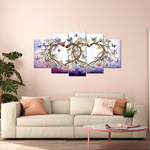 Fushvre 5 piese Love Heart Canvas Art Artă de perete Fluture Purpur pe filiale Imprimeuri mari Love Love Tematică pictură Lucrări