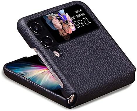 Husă de telefon din piele naturală Koliyn, pentru Samsung Galaxy Z Flip 4 carcasă de 6,7 inchi de lux Litchi model husă de telefon de afaceri, negru