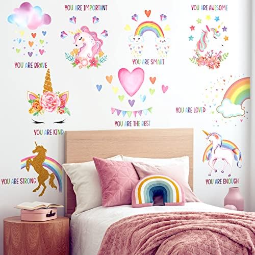 9 piese Unicorn cameră Decal pentru fete dormitor Unicorn curcubeu decalcomanii de perete Detașabil Inspirational perete Decal