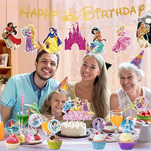 34pcs desen animat prințesă la mulți ani banner spânzurat vârtejuri topper tort pentru copii decorațiuni de naștere pentru