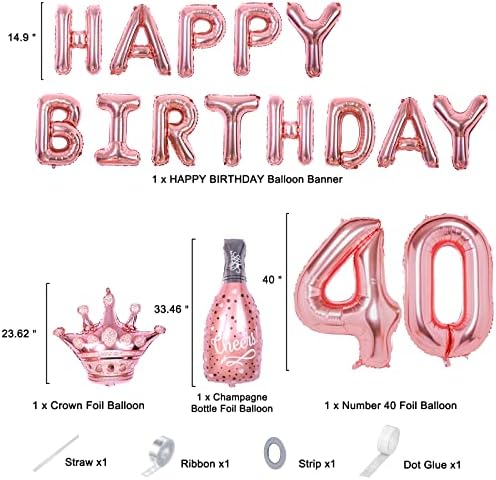Decoratiuni de 40 de ani femei, baloane de aur de 40 de ani de naștere consumabile de petrecere, fericit de 40 de ani Banner Decorațiuni de petrecere pentru femei roz alb balon de aur de trandafir set de arc balon de șampanie