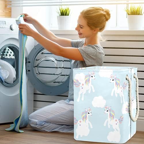 Coșuri de rufe impermeabile înalt Robust pliabil Albastru Unicorn Design imprimare împiedică pentru copii adulți băieți adolescenți fete în dormitoare baie