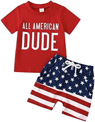Lzcyilanxiulsl Baby Boy 4 iulie ținută All American Letter Print Tricou cu mânecă scurtă+Stars Stripes Sharts A patra ținută