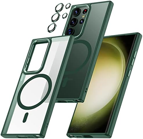 Carcasă magnetică Tianniuke pentru Samsung Galaxy S23 Ultra, [cu protectorul lentilei de cameră] anti -amprentă translucidă, compatibilă cu Magsafe, carcasă de protecție cu șoc pentru șoc pentru S23 Ultra 6.8 '' -Green