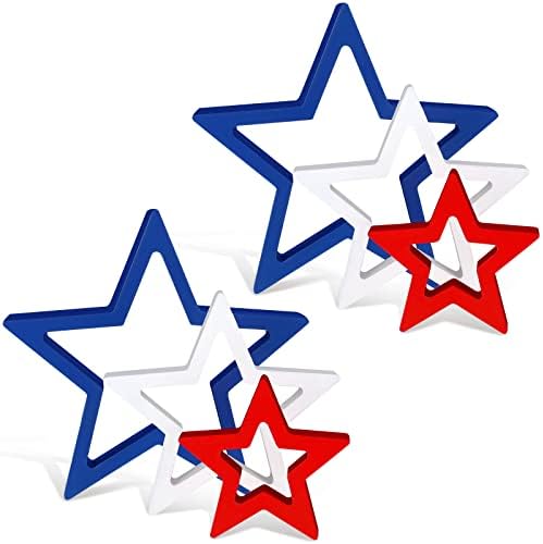 6 PC -uri Star Star din lemn Decorare patriotică 4 iulie Decor Independență Ziua Stelei Decor Farmhouse Star Taudă Decor Stele Decor pentru Ziua Memorialului de acasă, Alb, Albastru și Roșu cu Glitter