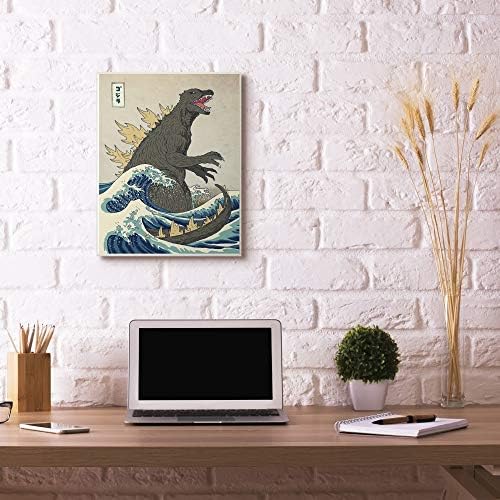 Stupell Industries Godzilla în valuri Poster East Stil Ilustrație Placă de perete, 10 x 15, Design de artistul Michael Buxton