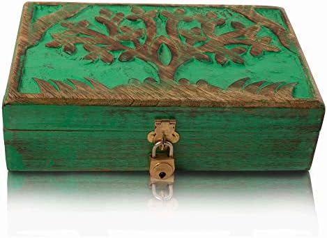 Cutie de bijuterii din lemn decorativă realizată manual arborele vieții sculptură & amp; Blocare & amp; cheie organizator de bijuterii cutie de păstrare piept de comori suport pentru breloc cutie de ceas cutie de blocare depozitare 8 x 5 inci