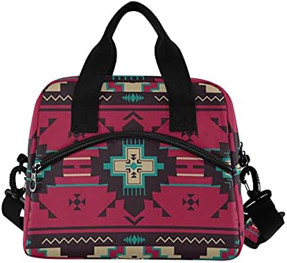 Vintage etnic nativ sud-vest American, Tribal Indian Aztec Textile Leakproof Crossbody izolat sac de prânz, Cooler reutilizabile Lunch Box sac de prânz Tote cu curea de umăr reglabilă pentru munca de călătorie