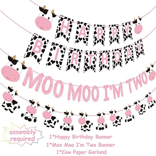 62 pachete Cow 2nd Birthday Party Kit Moo Moo I ' m Two Banner Happy Birthday Banner Two Cake Topper Cow cupcake Toppers Cow Mylar baloane pentru fete animale de fermă Cow First Birthday Party Decoratiuni
