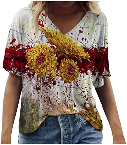 Vara femeilor de vară, florile de montare, flori pitorești bluze imprimate v gât cu mânecă scurtă tricouri casual supradimensionate