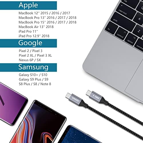 Cablu Nimaso USB C până la USB C 10ft 100W, cablu USB-C împletit, cablu de încărcare rapidă de tip C compatibil cu MacBook