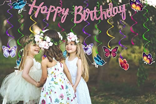 Primăvara Butterfly Birthday Party Decoration cu fluture de zi de naștere Bannerd și fluturi agățați vârtejuri pentru bebeluși