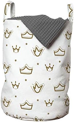 Geantă de rufe Ambesonne Crown, forme formate aleatoriu asemănătoare podoabelor și stelelor Palatului King Queen, coș de coș cu mânere Închidere cu șnur pentru spălătorii, 13 x 19, Kaki închis și alb