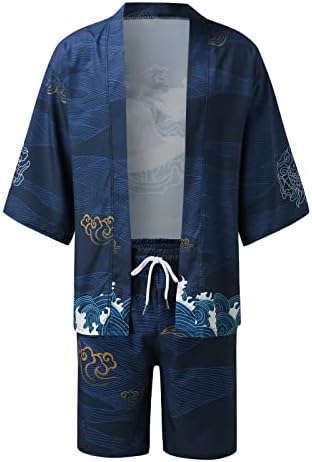 Mens urban timp de agrement relaxat antic digital imprimare digital kimono cassock cardigan tricou pantaloni scurți bărbați