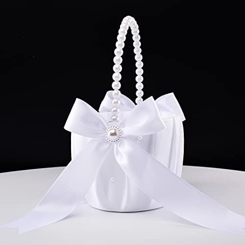 STAFUNI Coșuri pentru fete cu flori Pentru Nuntă, coș de flori cu perle de zână albă cu mâner de perle pentru fete cu flori