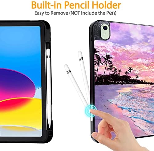 Hi Space iPad 10th Generation Tropical Pink Seaside Beach Carcasă 10,9 inch 2022 cu suport pentru creion, Purple Sunset Trifold
