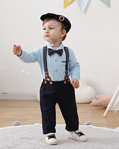 Baby Boy haine 0-18m pentru sugari Tuxedo Maneca lunga Gentleman Utilaje + pantaloni suspensor + Bowtie + Beret pălărie Baby