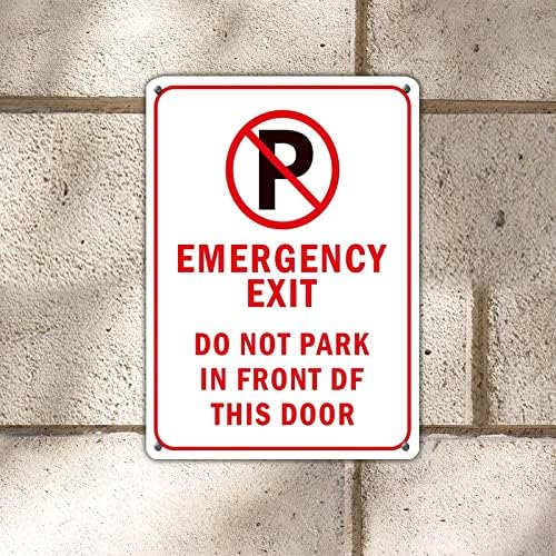 Ieșirea de urgență Nu parcați în fața acestei uși Semn de aluminiu Durabil Avertisment perete Sign Tin Rezistent la Weather UV protejat rugină fără rugină din aluminiu din aluminiu Decor de perete metalic pentru poarta de acasă 14x10in