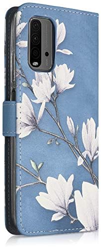 Carcasă Portofel kwmobile compatibilă cu husa Din piele artificială Xiaomi Redmi 9t - Magnolias Taupe / Alb / Albastru Gri