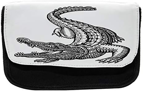 Carcasă de creion cu aligator lunarabil, motive geometrice etnice, pungă de creion cu stilou din țesătură cu fermoar dublu, 8,5 x 5,5, alb -negru