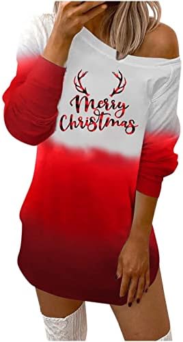 CJHDYM Femei Pulover Rochii moda Crăciun Imprimate Maneca lunga rece umăr rotund-gât tunica Topuri Mini camasi rochie