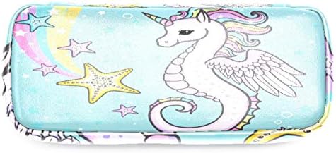 Drăguț desen animat curcubeu de mare unicorn cu stele de stele din piele creion geantă cu stilou cu dublu fermoar geantă de