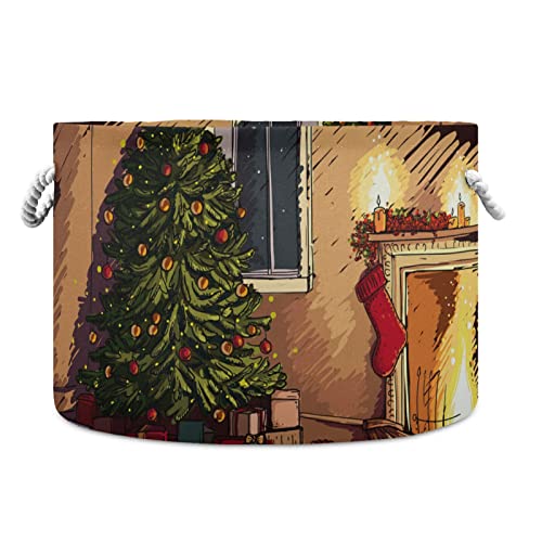 ALAZA scenă confortabilă de Ajun de Crăciun în Interior cu șemineu brad de Crăciun și cadouri coș de depozitare coșuri cadou coș de rufe pliabil mare cu mâner, 20x20x14 in