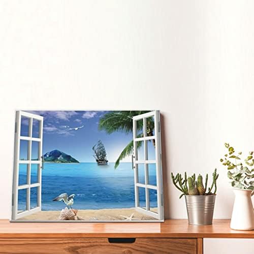 Fereastră plajă baie perete artă coastă palmier plajă Sence poze Decor de perete insulă naturală pânză pictură imprimare lucrări de artă fereastră 3d decor modern pentru Casă încadrat pentru camera de zi Dormitor Baie 12 X16