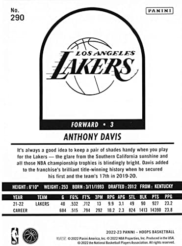 Anthony Davis 2022 2023 Panini Hoops Tribute Tribute Series Mint Card 290 Imaginează -l în Jersey -ul său de aur Lakers