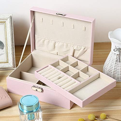 Două straturi de bijuterii cutii de bijuterii Organizator de depozitare Case de depozitare cu blocare și cheie - Textură netedă catifelată - tavă detașabilă - Compact - spațiu de depozitare amplă roz