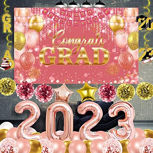 Clasa din 2023 Decorații de absolvire a livrărilor de petrecere cu fel de fel de grad fundal, baloane, vârtejuri agățate, pompos
