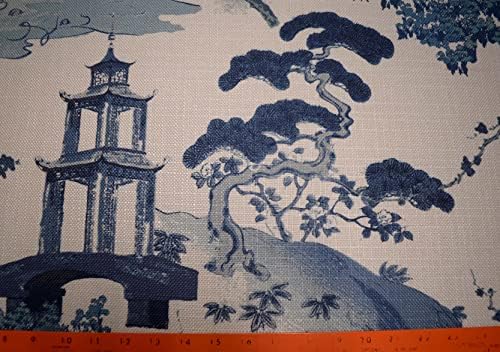 Zen Indigo Deep Blue Asiatice Pagoda Florale Toile Regal Fabric
