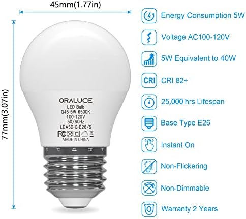 Bec LED ORALUCE A15 5 wați Alb Rece 6500K,bec de lampă de masă echivalent 40W, E26 bază standard cu șurub G45 formă becuri