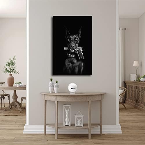 Dog Doberman cu pistol alb -negru portret portret poster decor de casă pictură hd poză