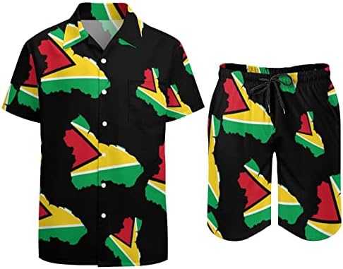 Baikutouan Guyana Flag Harta pentru bărbați din 2 piese cămașă hawaiană se potrivește cu buton casual liber în jos și pantaloni