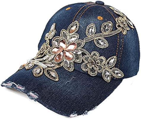 Femei brodate Baseball Cap Baseball Vintage Rhinestone Flower Flower Reglabil Denim Snapback Cap Leisure Urdă pălărie de soare