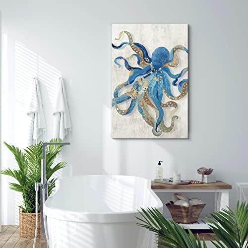 Octopus Decor Artă de perete pentru dormitor Ocean Viață Temă Pictură încadrată imprimeu albastru și aur Picture animal de