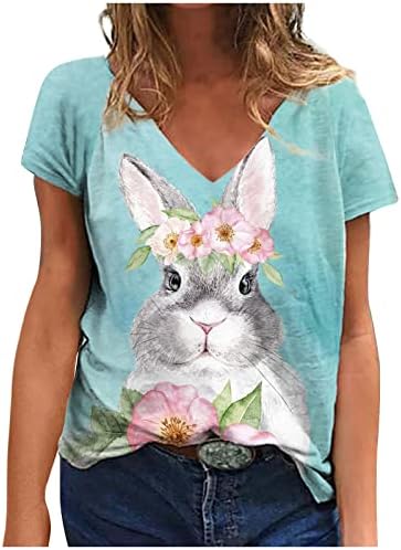 Crewneck adânc V gât Spandex Tees pentru fete maneca scurta florale imprimare Paste Kawaii Animale Peeps topuri tricouri femei