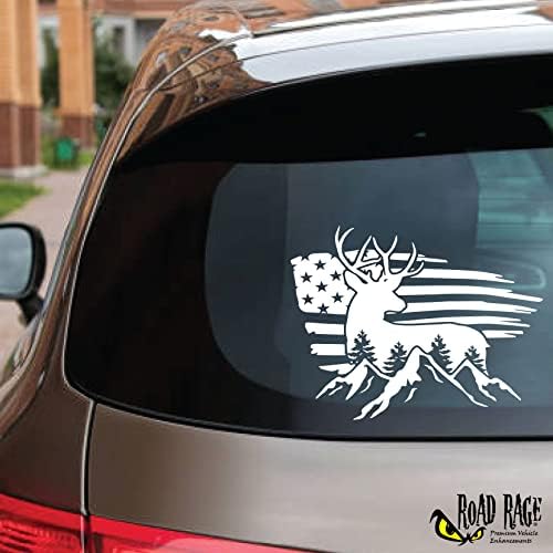 Decaluri de vehicule premium Road Rage - American Flag Buck Buck și Munți Autocolant - mașină, camion, computer, perete, orice suprafață netedă curată - alb sau negru de 6 ani premium vinil în aer liber