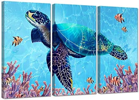 Ihappywall 3 piese Turtle Canvas Artă de perete Turtle Sea Înot subacvatică Ocean Peisaj imprimeu pe pânză Decor de perete