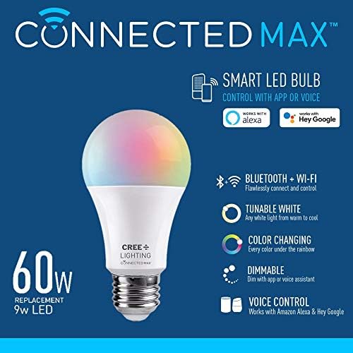 Cree Lighting Connected MAX Smart LED bec A19 60W alb reglabil + schimbare de culoare, 2,4 Ghz, funcționează cu Alexa și Google