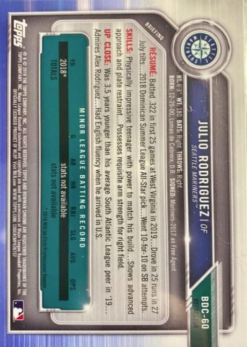 2019 Bowman Draft Chrome - Julio Rodriguez - Refractor - Seattle Mariners Baseball Rookie Card RC BDC -60