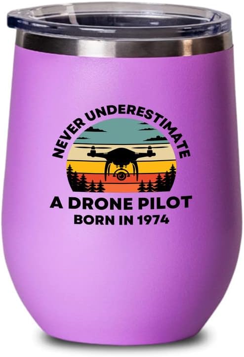 Drone Pilot Pink Wine Tumbler 12oz - Drone Pilot Născut în 1974 - Drone Pilots Aviation RC Quadcopter Operator Companie aeriană