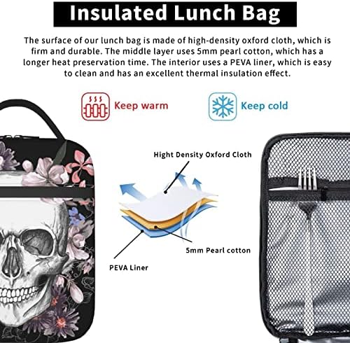 Pinepal craniu și floare prânz sac reutilizabile izolate prânz saci detasabil mâner Lunchbox mare capacitate masa Tote sac pentru femei bărbați Fete Băieți